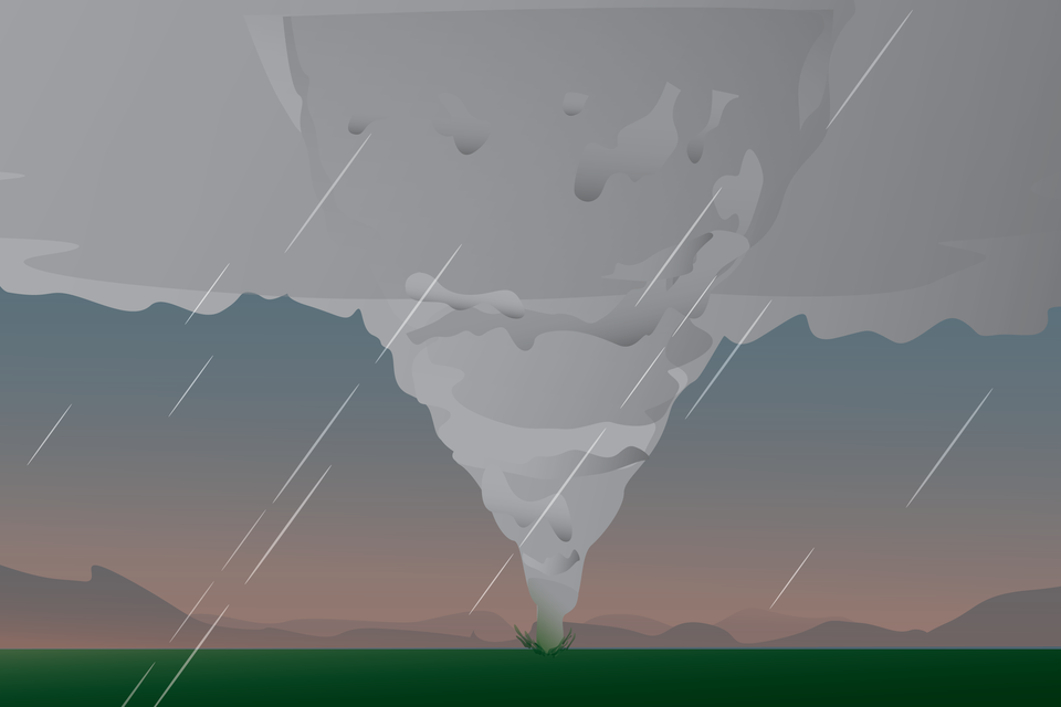 Grafika przedstawia trąbę powietrzną. Mezocyklon sięga powierzchni ziemi.