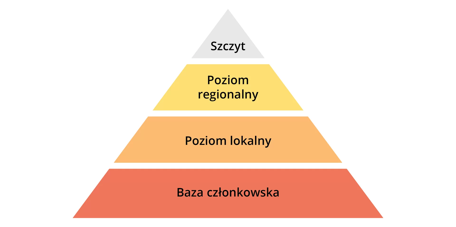 Grafika przedstawia piramidę złożoną z czterech ułożonych poziomami haseł. Od góry: Szczyt, poniżej poziom regionalny, poniżej poziom lokalny i na samym dole baza członkowska.