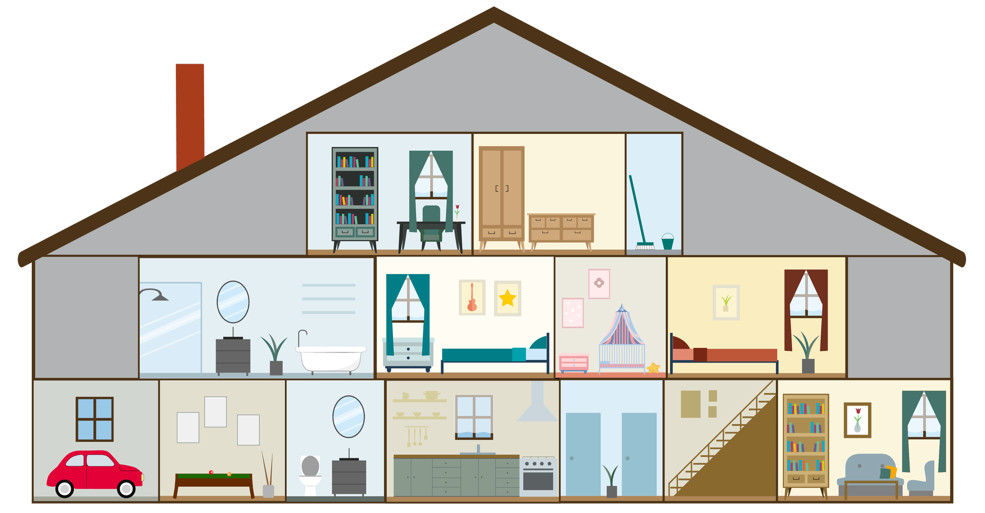 Grafika przedstawia trzykondygnacyjny dom z parterem, piętrem i poddaszem. W domu znajduje się szereg pomieszczeń. Na parterze są: garaż, przedpokój, bawialnia i salon, łazienka, kuchnia i schody prowadzące na pierwsze piętro. Na piętrze znajdują się dwie sypialnie, pokój dziecięcy i łazienka. Na poddaszu znajdują się: gabinet, garderoba i pomieszczenie gospodarcze.