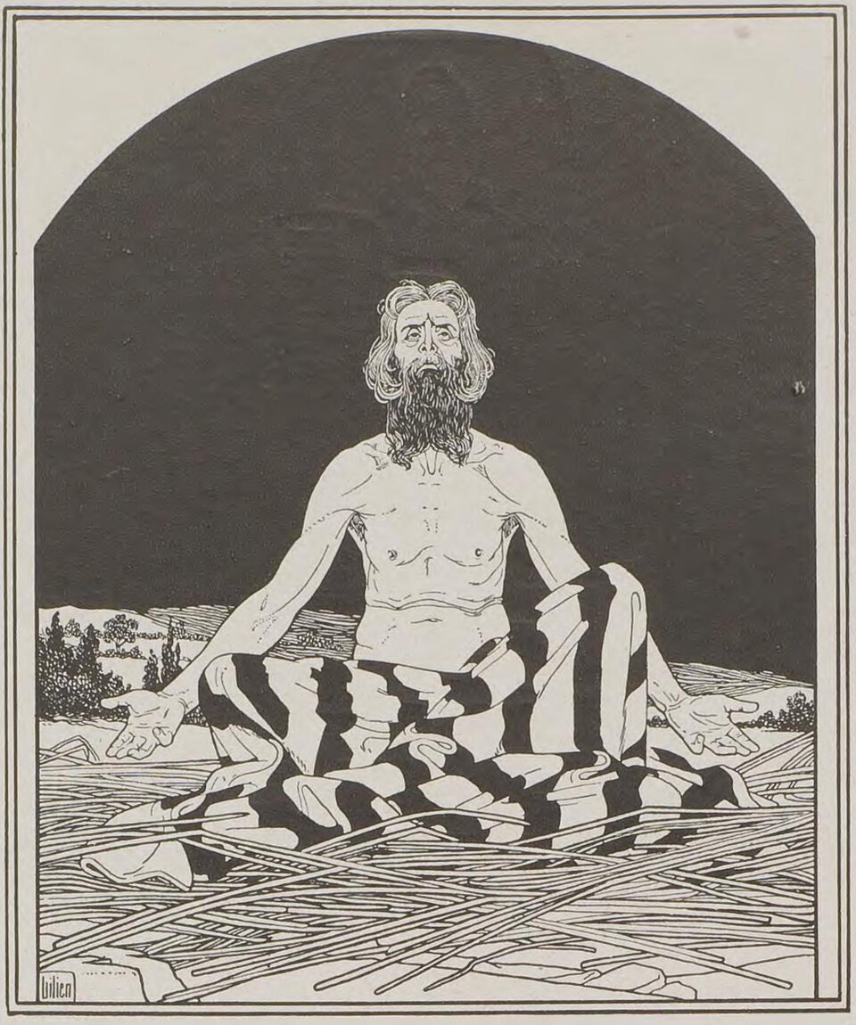 Obraz przedstawia starca siedzącego po turecku na polu. Mężczyzna jest szczupły, ma nagą klatkę piersiową. Jego włosy sięgają za uszy. Mężczyzna ma gęstą brodę. 