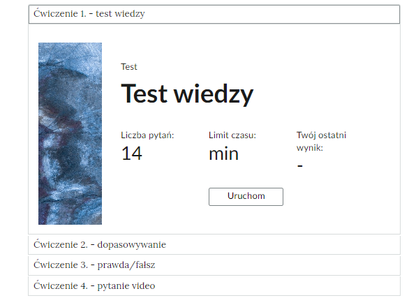 Wygląd przykładowego zadania. Składa się ono z nagłówka na pasku zakładki: Ćwiczenie 1 test wiedzy. Pod paskiem zakładki znajduje się ćwiczenie umieszczone w prostokątnym rozwijalnym polu. W tym przypadku jest to test wiedzy składający się z 14 pytań.