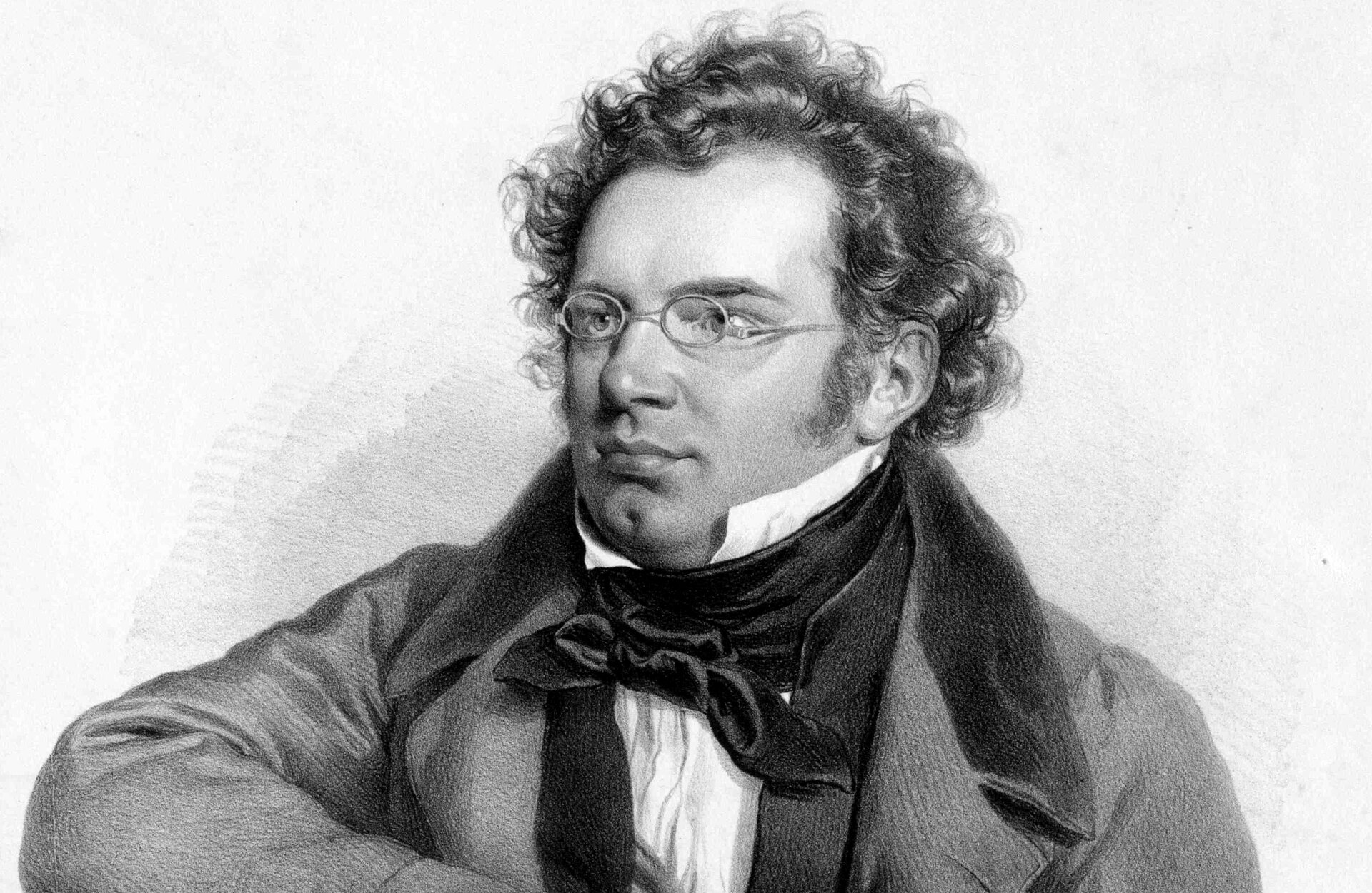 Ilustracja przedstawia portret Franza Schuberta. Kompozytor ma kręcone włosy i bokobrody, nosi malutkie okulary w metalowej oprawie. Ma charakterystyczny dołeczek w brodzie. Ubrany jest w białą koszulę i surdut, pod szyją ma zawiązaną chustę.