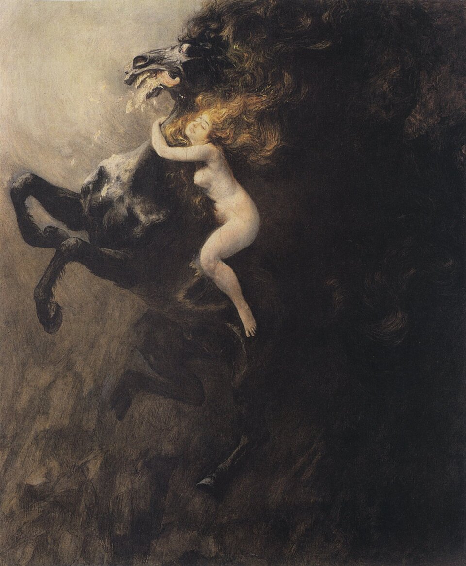 Obraz przedstawia akt kobiecy. Ukazana jest na nim naga, rudowłosą kobieta. Kobieta siedzi na oszalałym karym koniu, stojącym dęba. Zwierzę odsłania zęby. Ma wysunięty język i rozszerzone chrapy. Z jego pyska toczy się piana. Kobieta dosiada rumaka na oklep. Obejmuje go za szyję. Oczy kobiety są zamknięte oczy. Jej rozwiane włosy splatają się z końską grzywą. Lewy górny róg obrazu jest rozświetlony. Barwa kieruje uwagę na jasną postać kobiety i pysk konia. Prawa strona obrazu przedstawia skłębiony mrok. Z trudem można dostrzec tu koński zad i ogon.