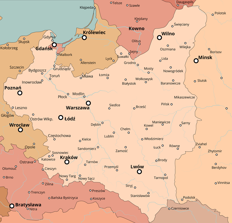 Ilustracja przedstawia mapę Rzeczypospolitej Polskiej oraz kraje graniczne z zaznaczonymi najważniejszymi miastami. W Polsce są to: Poznań, Warszawa, Kraków, Lwów i Wilno. Po stronie zachodniej Niemcy z zaznaczonymi miastami: Breslau, Koningsberg i Danzig. Ten obszar jest rozdzielony ziemiami polskimi w części północnej. 