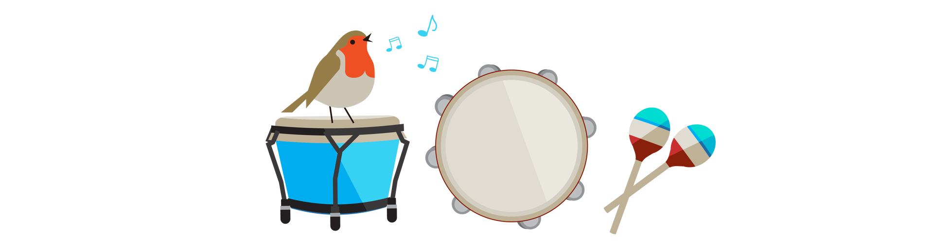 Ilustracja przedstawia trzy instrumenty muzyczne. Po lewej stronie stoi niebieski bęben, na którym siedzi rudzik. Jest to ptak, który ma czerwone upierzenie na szyi, jasnobrązowe na brzuchu i brązowe na grzbiecie i skrzydłach. Obok niego unosi się kilka błękitnych nutek. Dalej widać szary tamburyn, a po prawej stronie znajdują się szaro‑błękitno‑brązowe marakasy. Tamburyn to okrągły instrument z materiałową częścią, w którą się uderza, oraz okrągłymi, płaskimi metalowymi blaszkami dookoła. Marakasy to dwie grzechotki. Każda składa się z drewnianej rączki oraz kulistej części wypełnionej drobnymi kulkami, koralikami lub nasionami wydającymi dźwięki przy potrząsaniu.