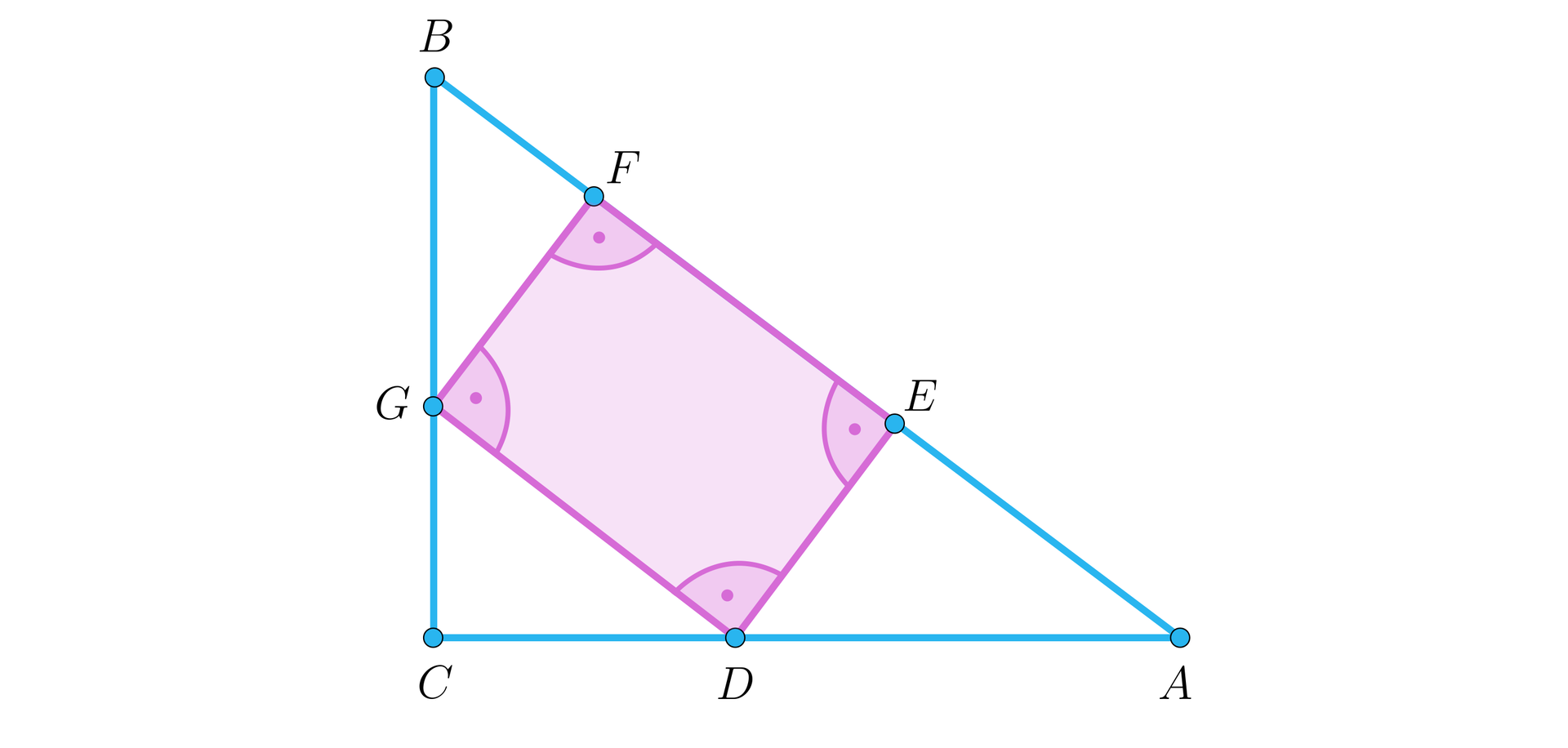 IlustracjaNa ilustracji przedstawiono trójkąt prostokątny ABC. Na przyprostokątnej AC zaznaczono punkt D. Na przyprostokątnej BC zaznaczono punkt G. Na przeciwprostokątnej AB zaznaczono punkt F oraz punkt E. Punkty zaznaczono w taki sposób, że po ich połączeniu powstał prostokąt, który zacieniowano. 