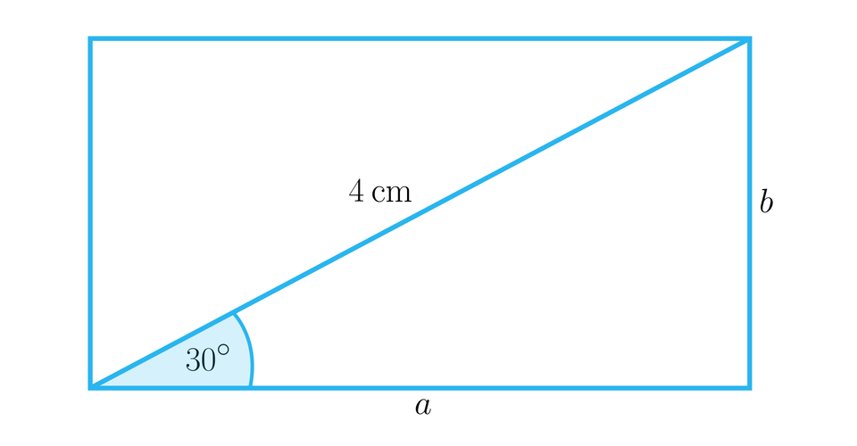 Rysunek przedstawia prostokąt o krótszym pionowym boku b i o dłuższym poziomym boku a. W prostokącie poprowadzono przekątną o długości czterech centymetrów. Między podstawą a a przekątną zaznaczono kąt 30 stopni.