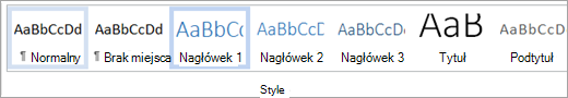 Zrzut ekranu przedstawia sekcję: style z zakładki: Narzędzia główne w programie Microsoft Word.  W sekcji tej znajduje się siedem stylów tekstu możliwych do wybrania.