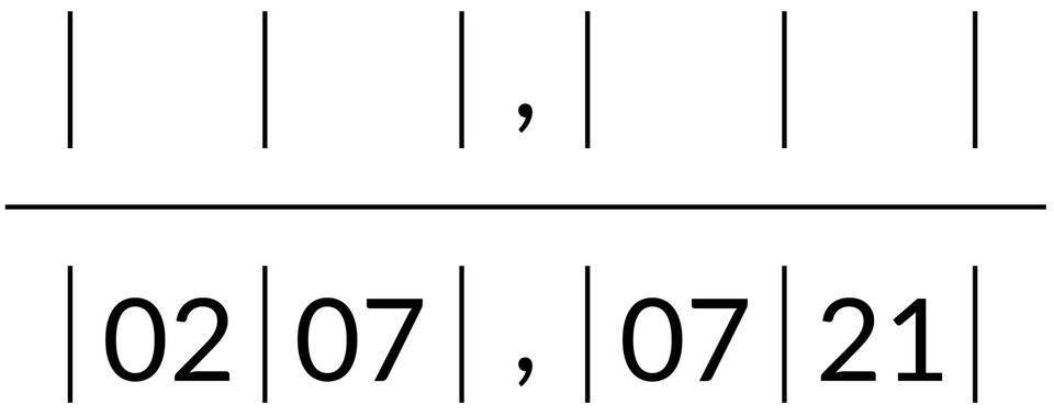Ilustracja przedstawia pary liczb podzielone znakami: |. Prosta dzieli dwa segmenty, górny jest pusty a w dolny wpisano: |02|07|,|07|21|. 