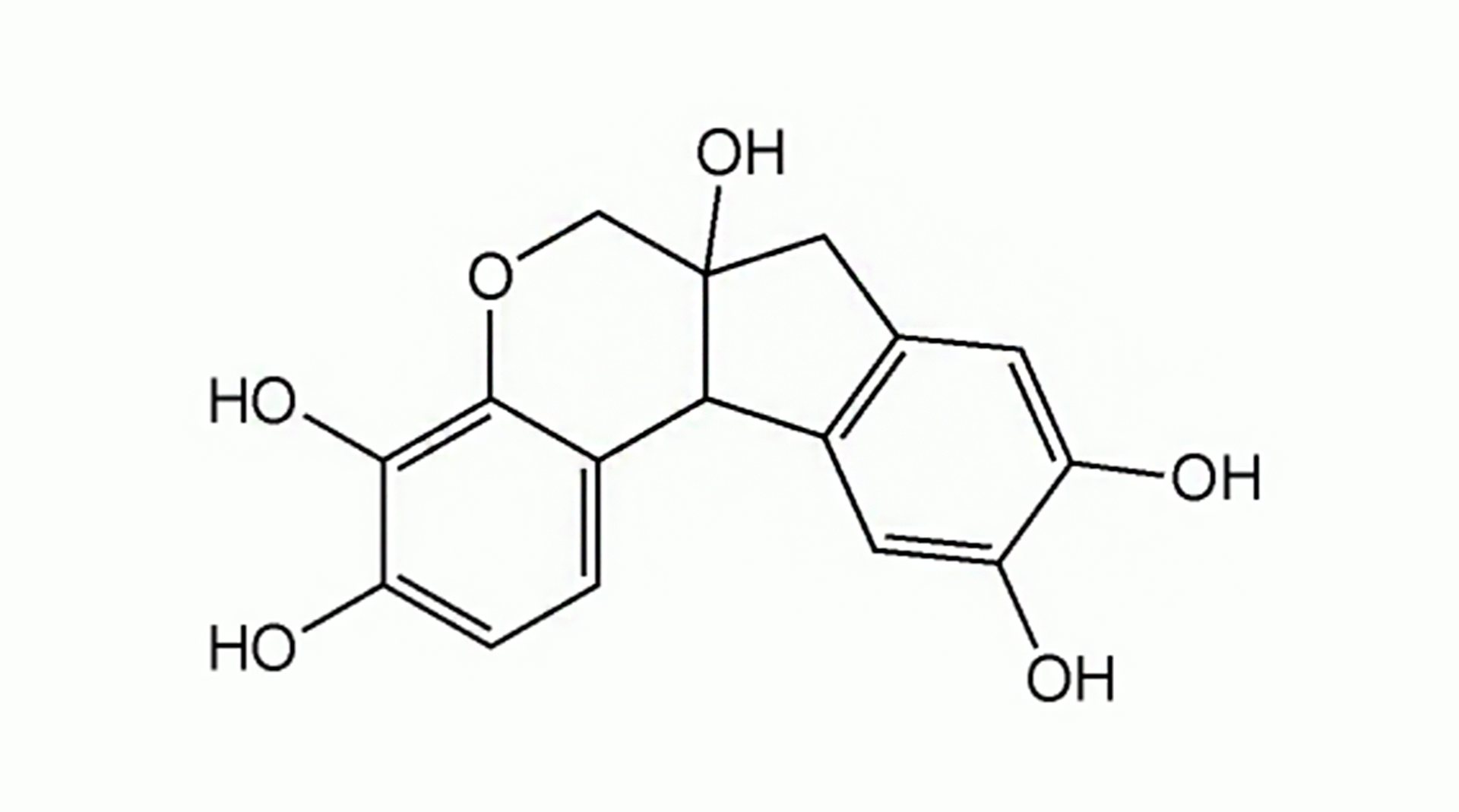 Wzór strukturalny hematoksyliny. To przylegające do siebie pierścienie, z których jeden jest pięcioczłonowy, a pozostałe sześcioczłonowe. Skrajne dwa pierścienie mają po dwa wiązania podwójne i każdy z ich łączy się z dwiema grupami hydroksylowymi. Dwa środkowe pierścienie: sześcioczłonowy zawiera w swojej budowie atom tlenu. Styka się on z jednej strony z pięcioczłonowym pierścieniem. Na ich styku jest wiązanie pojedyncze prowadzące do grupy hydroksylowej.  