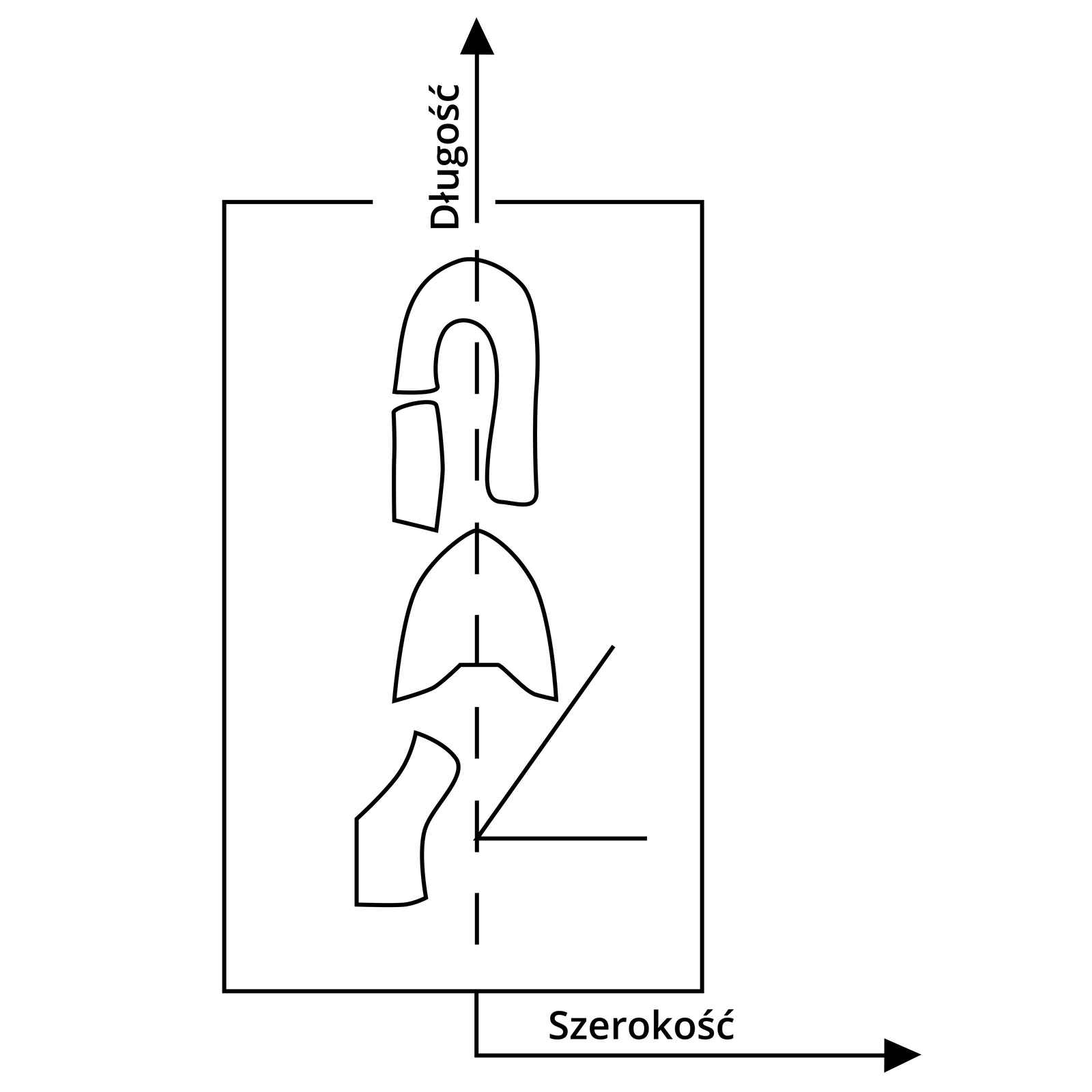 Rysunek pokazuje prostokąt, w który wpisane są nieregularne kształty ułożone wzdłuż. Prostokąt jest również wzdłuż przecięty przerywaną linią zakończoną strzałką skierowaną ku górze i opisaną jako "długość". Na dole prostokąta znajduje się strzałka skierowana w prawo i opisana jako "szerokość". Na rysunku pokazana jest wstęga tworzywa skóropodobnego, na którym są narysowane elementy składowe cholewek. Przyszwy – czubkiem do góry, obłożyny – szerokością do góry. Taki układ elementów gwarantuje właściwą ich ciągliwość, ponieważ tworzywo skóropodobne ma najmniejszą ciągliwość wzdłuż wstęgi.