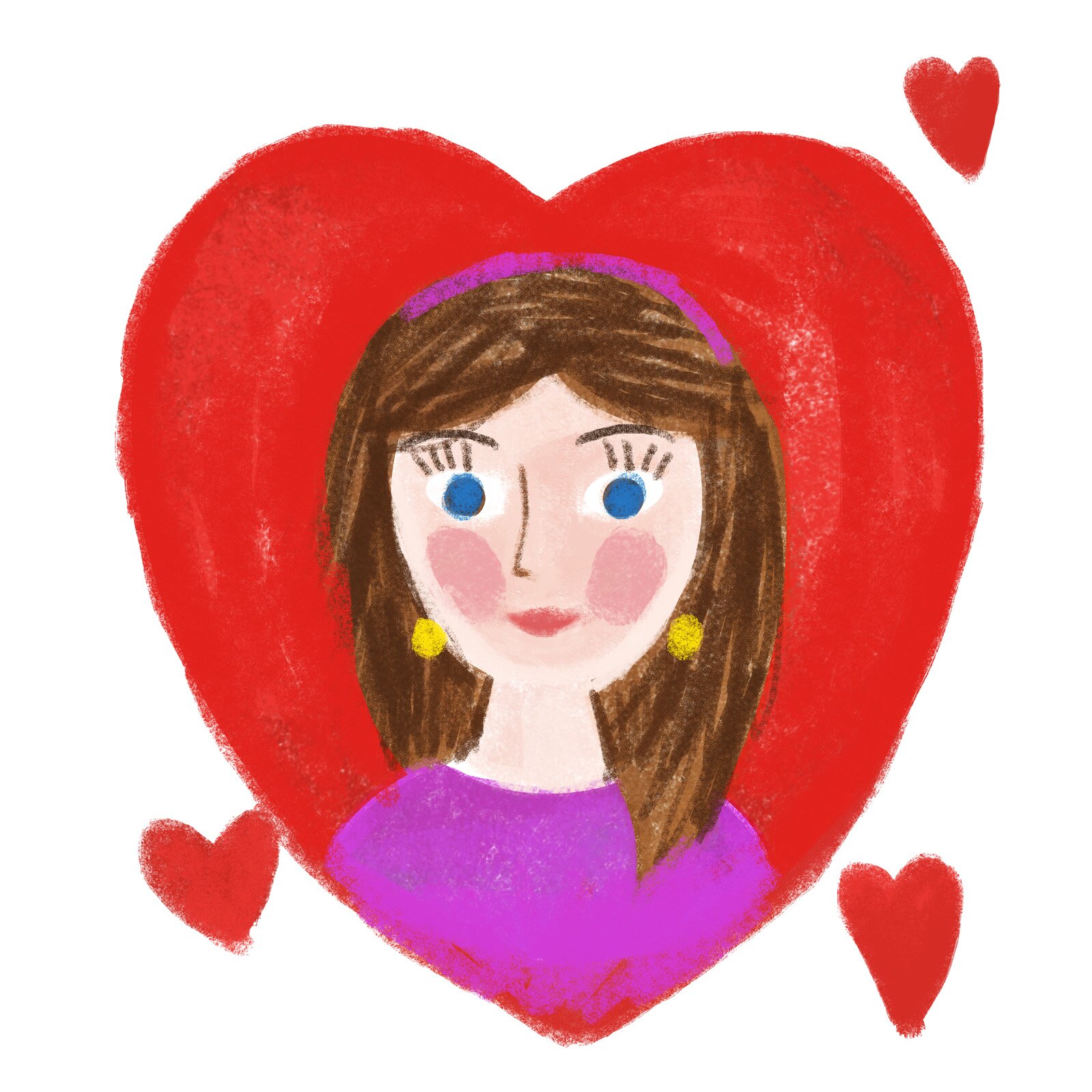 Ilustracja przedstawia laurkę dla mamy. Widoczny jest portret mamy w sercu. Dookoła widoczne są serduszka.