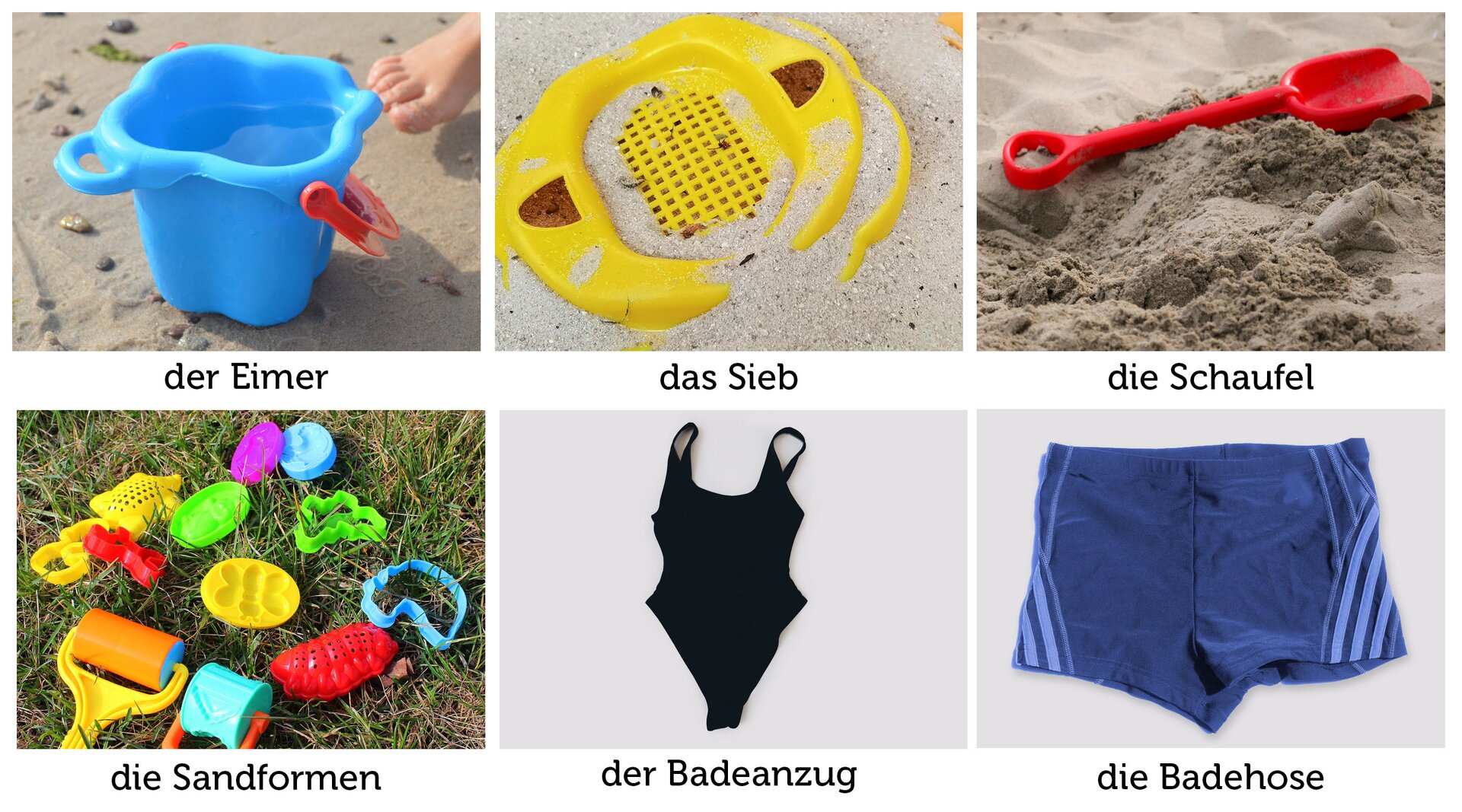 Ilustracja przedstawia podpisane wiaderko, sitko, łopatkę, foremki, strój kąpielowy i kąpielówki.