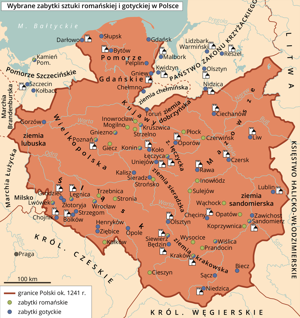 Mapa przedstawia rozmieszczenie zabytków romańskich (kwadraty w kolorze żółtym) i zabytków gotyckich (kwadraty w kolorze niebieskim) w Polsce z około 1241 roku. Największe natężenie zabytków gotyckich widoczne jest na północy kraju, na Pomorzu Gdańskim w Darłowie, Bytowie, Gdańsku, Słupsku, Pelpinie, Gniewie, a także w centralnej Polsce: w Kole, Uniejowie, Kaliszu, Sieradzu, Rawie oraz na południowym‑zachodzie: w Złotoryi, Grodziecku, Strzegomiu, Bolkowie, Chojniku, Henrykowie, Ziębicach, Bolkowie, Opolu. Część obiektów oznaczono kwadratami niebiesko‑żółtymi, należą do nich w centralnej Polsce: Gniezno, Kruszwica, Poznań, Konin, Łęczyca, a na Dolnym Śląsku Legnica, Lwówek, Wrocław. W Małopolsce Kraków, Siewierz, na wschodzie: Sandomierz. Zabytki w stylu romańskim to na Kujawach: Inowrocław, Mogilno, Strzelno. Płock i Czerwieńsk na Mazowszu. Inowłódz, Sulejów, Wąchock, Strońsko, Giecz w centralnej Polsce. Trzebnica, Stronia, Kałków, Cieszyn na Dolnym Śląsku. Opatów, Koprzywnica na ziemi sandomierskiej. 