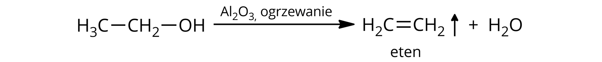 Ilustracja przedstawiająca schemat reakcji dehydratacji etanolu. Cząsteczka etanolu zbudowanego z grupy hydroksylowej OH połączonej za pomocą wiązania pojedynczego z grupą metylenową CH2, która to związana jest z grupą metylową CH3 wiązaniem pojedynczym. Strzałka w prawo, nad strzałką Al2O3 oraz zapis "ogrzewanie". Za strzałką cząsteczka etenu w stanie gazowym zbudowana z dwóch połączonych za pomocą wiązania podwójnego grup metylenowych CH2. Dodać cząsteczkę wody H2O.