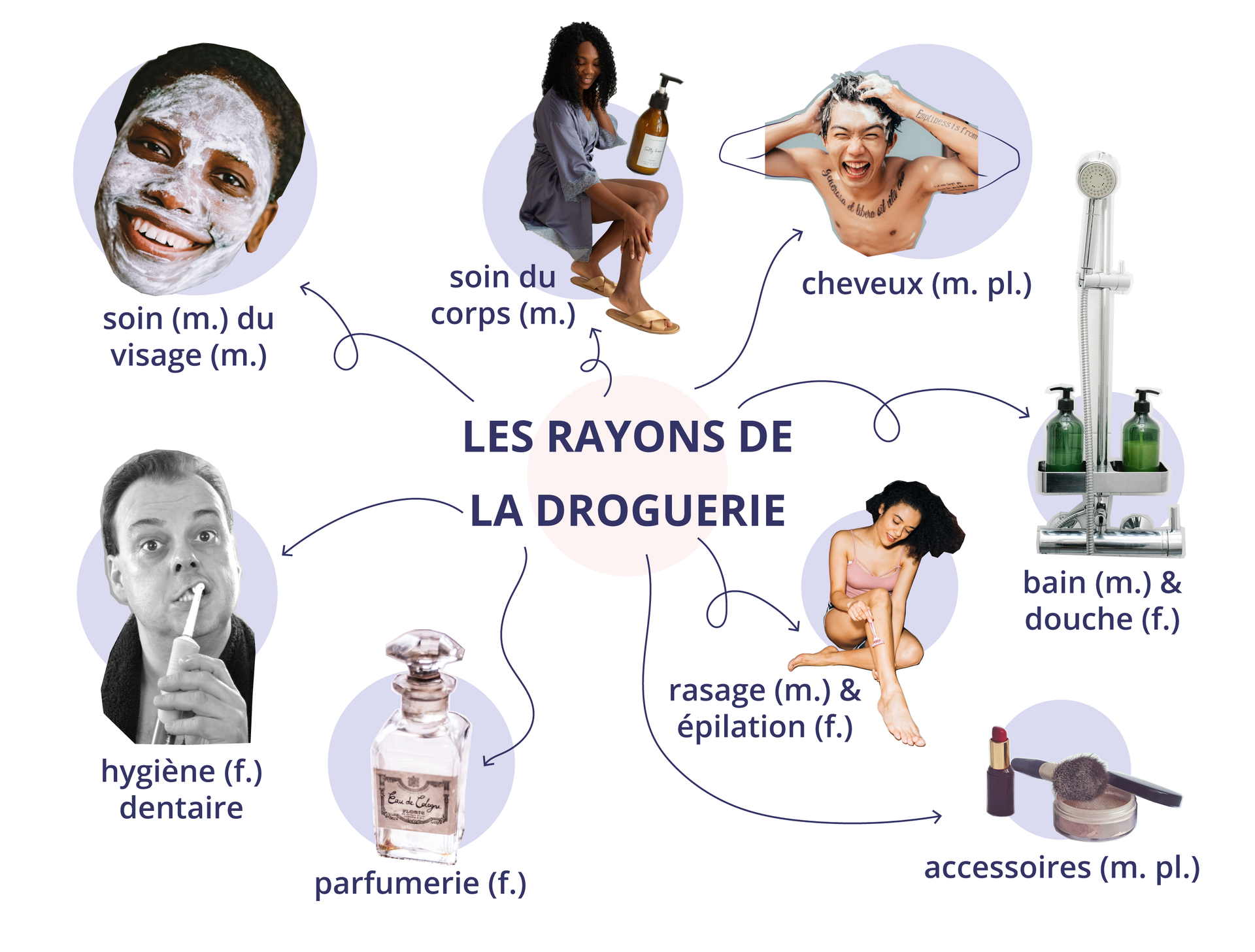 Grafika w formie diagramu z punktem centralnym LES RAYONS DE LA DROGUERIE. Od niego odchodzi osiem strzałek do zdjęć z podpisami.
Kobieca twarz z nałożoną maseczką kosmetyczną - soin (m.) du visage (m.)
Kobieta kremuje nogi - soin du corps (m.)
Mężczyzna myje zęby szczoteczką elektryczną - hygiène (f.) dentaire
Młody mężczyzna myje włosy - cheveux (m. pl.)
Flakon perfum - parfumerie (f.)
Kobieta goli nogi - rasage (m.) &amp; épilation (f.)
Bateria prysznicowa z kosmetykami na półce - bain (m.) &amp; douche (f.)
Szminka i puder z pędzlem - accessoires (m. pl.)