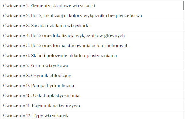 Grafika przedstawia widok ćwiczeń do wyboru, element interaktywnych materiałów sprawdzających. Zakładki z nagłówkami ćwiczeń ułożone są chronologicznie, jedna po drugiej. Kliknięcie zakładki powoduje wyświetlenie treści danego ćwiczenia. 