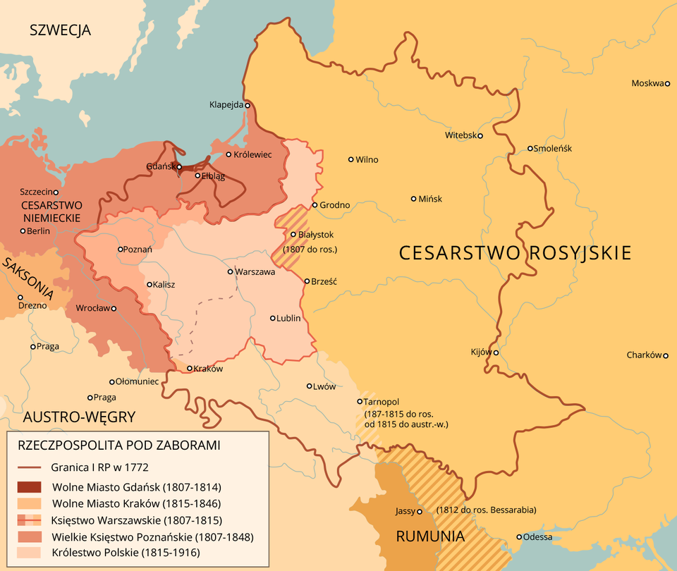 Mapa ukazuje Rzeczpospolitą pod zaborami. Granice I RP w 1772 roku przebiegały przez teren pomorza, po kujawy, po Małopolskę przez Czechy, Słowacje, zachodnią  Ukrainę. Na mapie widniało wówczas Wolne Miasto Gdańsk (1807- 1814) oraz Wolne Miasto Kraków (1815- 1846). Księstwo Warszawskie (1807- 1815), Niewielkie Państwo Poznańskie (1807- 1848), Królestwo Polskie ( 1815- 1916). Ponad to na mapie znajdują się Państwa: Cesarstwo Niemieckie, Saksonia, Austro‑Węgry, Rumunia, Cesarstwo Rosyjskie. 