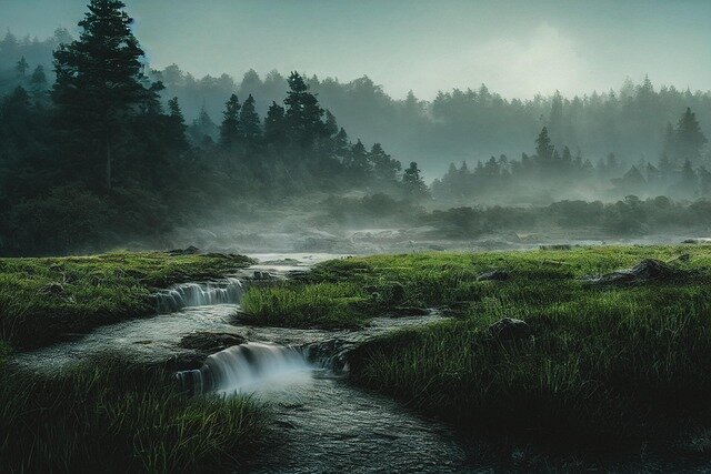 Zdjęcie przedstawia spokojny, naturalny krajobraz. Na pierwszym planie widać wąski strumień wody, który płynie przez zieloną, gęstą trawę i tworzy małe kaskady. W tle rozciąga się las pełen wysokich drzew iglastych, częściowo spowity mgłą, co nadaje scenerii tajemniczy i chłodny klimat. Całość utrzymana jest w odcieniach zieleni i szarości, z miękkim, rozproszonym światłem, sugerującym wczesny poranek lub pochmurny dzień.