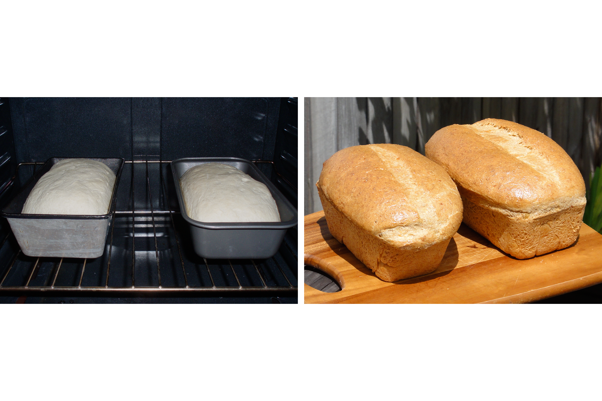 Ilustracja przedstawia dwie fotografie: dwie formy z ciastem w piekarniku oraz dwa wypieczone bochenki chleba położone na desce do krojenia.