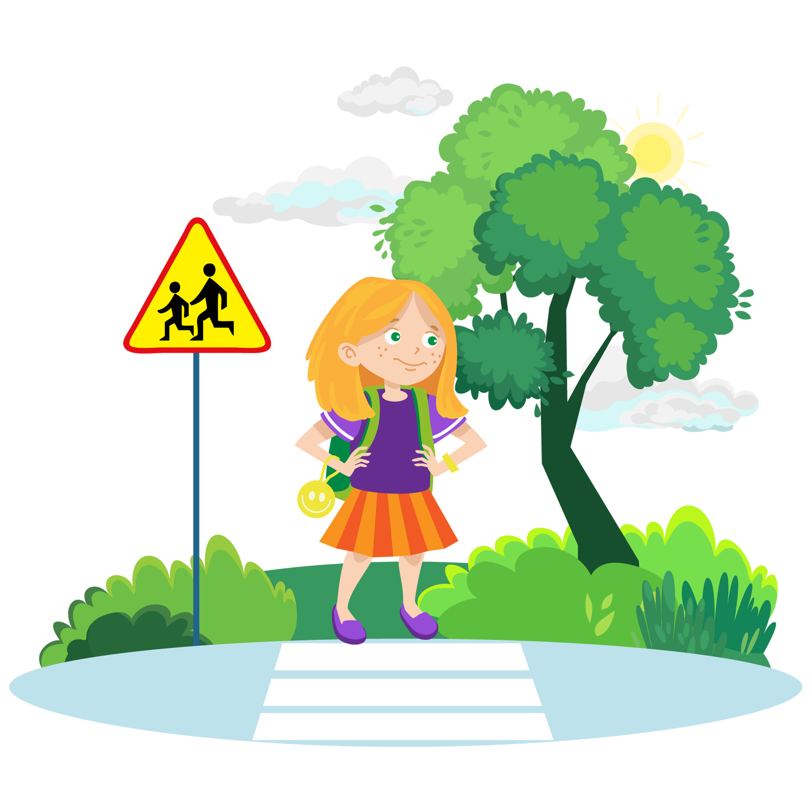 Ilustracja przedstawia przejście dla pieszych przez ulicę. W tle widać niebo ze słońcem i jasnymi chmurami. Na drugim planie znajduje się pas zieleni z niskimi krzewami i dużym drzewem liściastym rosnącym po prawej stronie. Po lewej stronie, przy ulicy, stoi znak drogowy przedstawiający dwie czarne postacie dzieci biegnących w lewą stronę na trójkątnym żółtym tle w czerwonej ramce. Znak ostrzega przed miejscem na drodze szczególnie uczęszczanym przez dzieci. Przy przejściu stoi blondwłosa dziewczynka. Jest ubrana w fioletową koszulkę z krótkimi rękawami, krótką pomarańczową spódniczkę i fioletowe buty. Na plecach niesie zielony plecak Na jednym nadgarstku ma bransoletkę odblaskową, a na drugim odblaskowy breloczek w kształcie uśmiechniętej buźki.