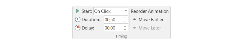  Zrzut ekranu przedstawia wygląd sekcji Timing. Od gory ikona w kształcie trójkąta równoramiennego z wierzchołkiem skierowanym w prawą stronę - obok napis Start oraz na liście rozwijanej wartość domyślna On Click. Obok napis Recorder Animation. Poniżej ikona przedstawiająca zegarek wskazówkowy, obok napis Duration: oraz na liście rozwijanej ustawiona wartość 00,50. Obok ikona w kształcie trójkąta równobocznego z wierzchołkiem skierowanym do góry i napis Move Earlier. Poniżej ikona przedstawiająca zegarek wskazówkowy - pierwszy kwadrans na tarczy jest zamalowany, obok napis Delay: oraz na liście rozwijanej ustawiona wartość 00,00. Obok ikona w kształcie trójkąta równobocznego z wierzchołkiem skierowanym do góry i napis Move Later. Na samym dole formatki napis Timing.