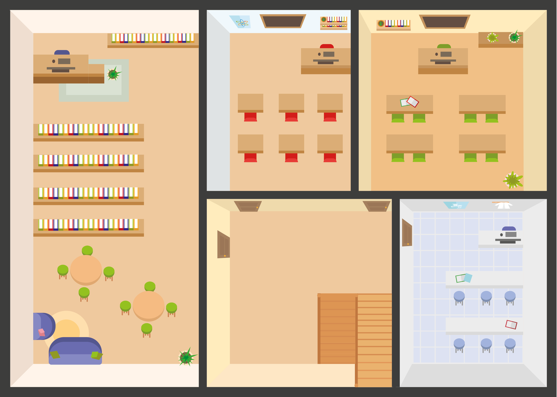   1. Stock Ilustracja prezentuje sale lekcyjne, pracownię oraz bibliotekę i korytarz.