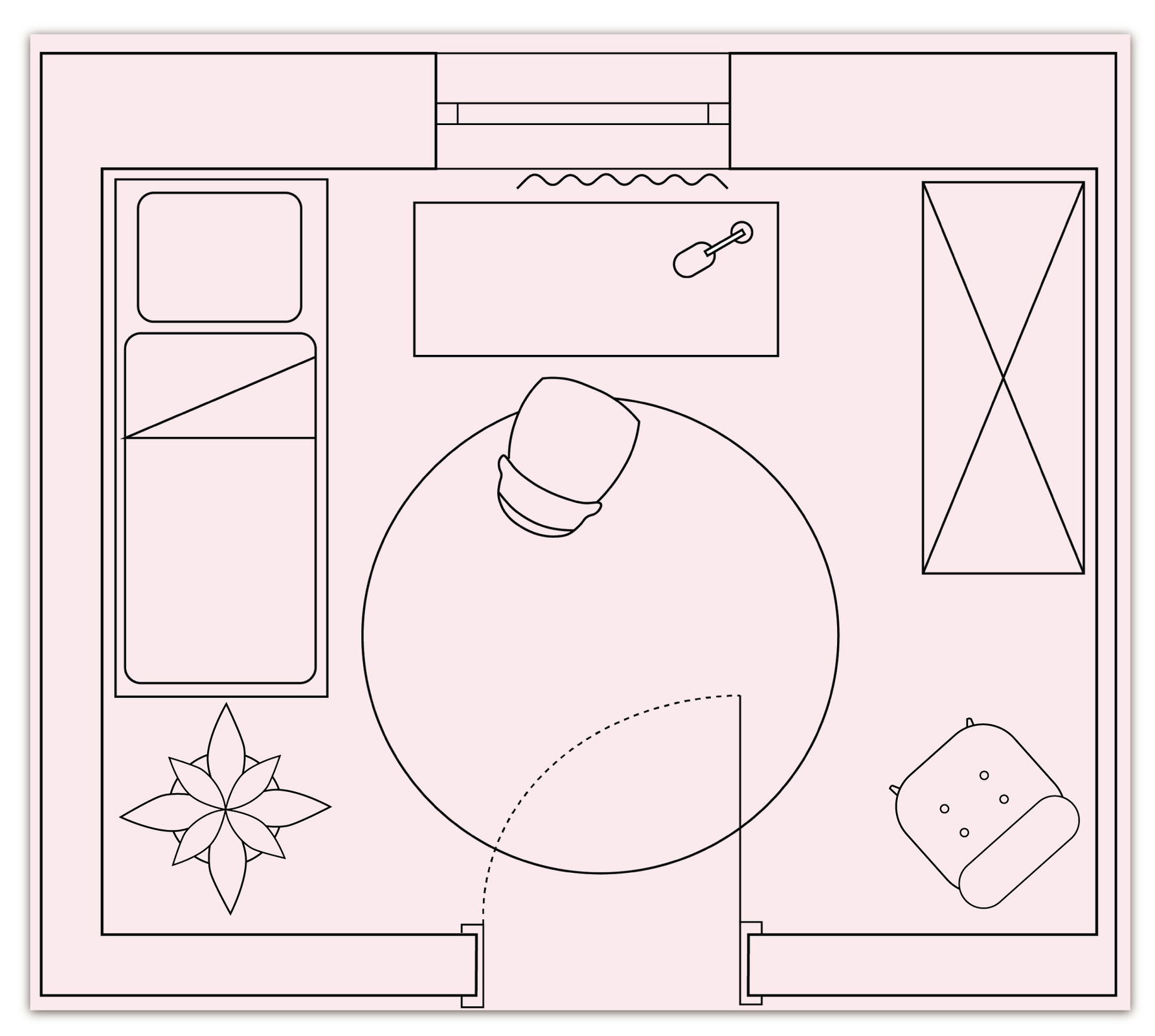 Rysunek techniczny pokoju. Na środku leży dywan na którym stoi krzesło przysunięte do biurka. Biurko stoi przy oknie. Na biurku stoi lampka. Z lewej strony biurka znajduje się łóżko a z prawej szafa. Obok łóżka stoi kwiat a obok szafy po prawej stronie stoi fotel.