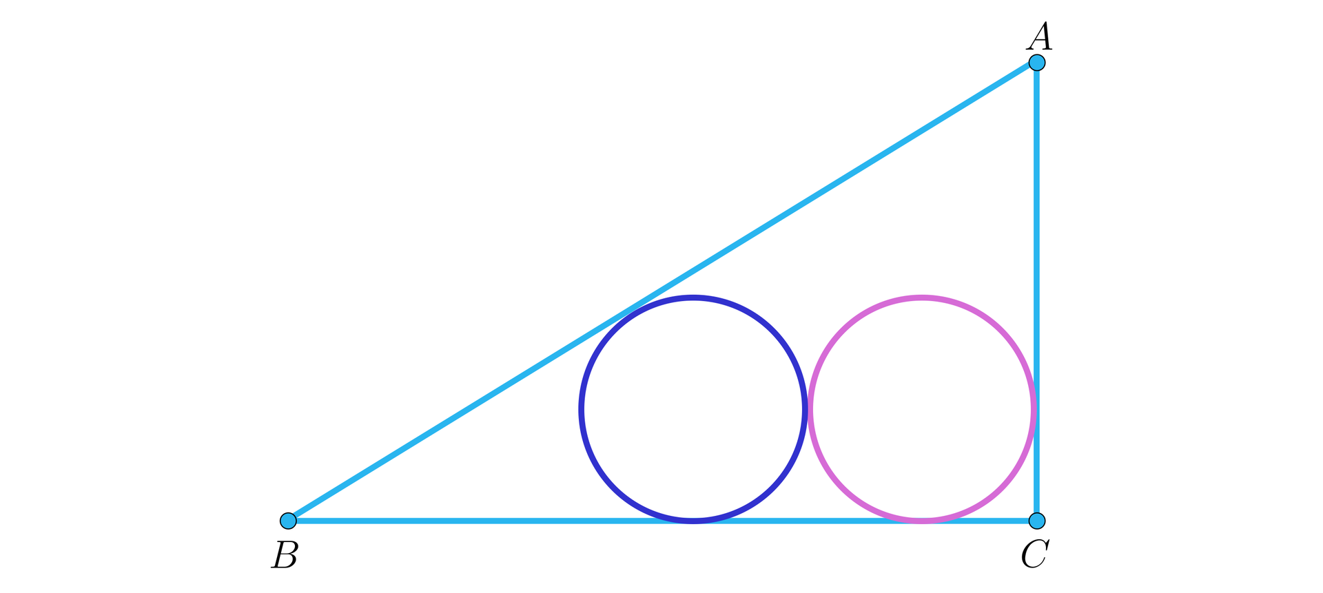 Ilustracja przedstawia trójkąt prostokątny A B C, w którym znajdują się dwa styczne do siebie okręgi. Jeden okrąg jest styczny do boków AC i BC, a drugi jest styczny do boków AB i BC.