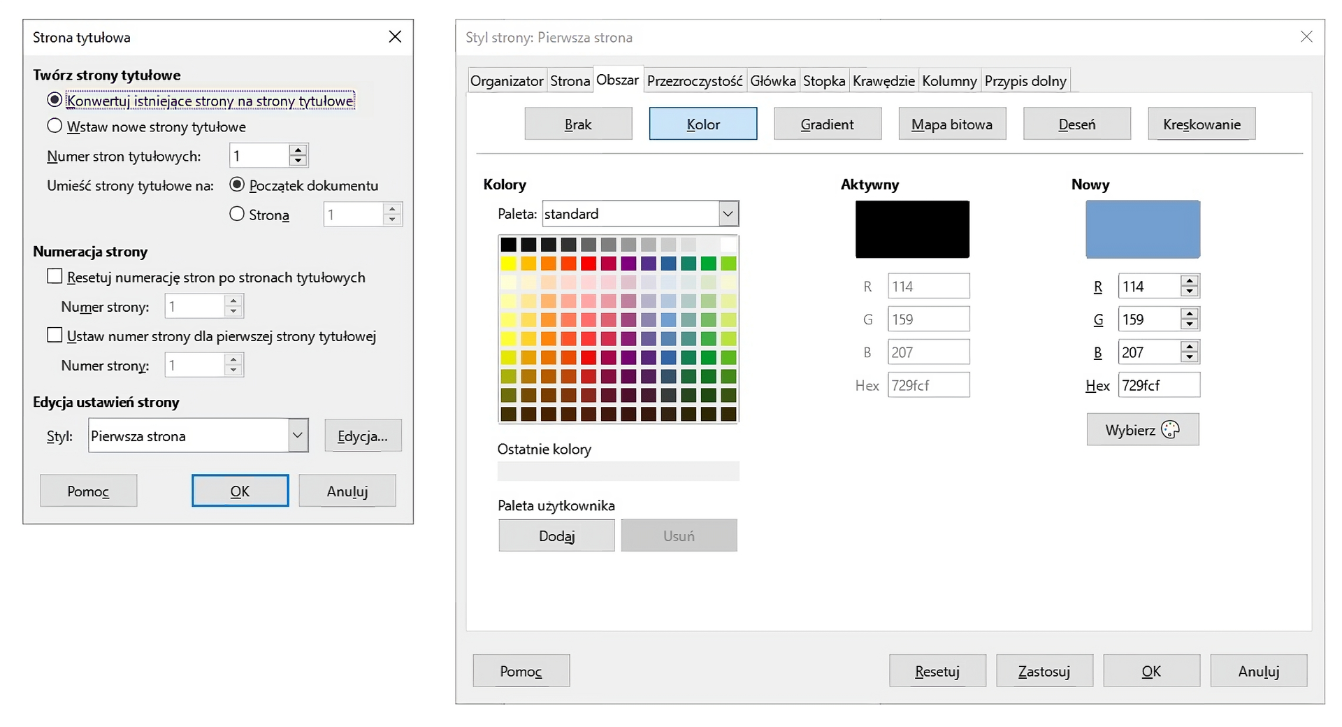 Zrzut okna prezentuje dwa okna jakie znajdują się podczas dodawania nowej strony tytułowej w programie LibreOffice Writer. Pierwsze okno to: "Strona tytułowa", możemy znaleźć tam opcje: konwertuj istniejące strony na strony tytułowe, wstaw nowe strony tytułowe, numer stron tytułowych, umieść strony tytułowe na początku dokumentu lub konkretnej stronie. Dalej znajdują się opcje odnośnie numeracji strony: Resetuj numerację stron po stronach tytułowych (numer strony), ustaw numer strony dla pierwszej strony tytułowej (numer strony). Ostatnią opcją jest edycja ustawień strony: styl - Pierwsza strona. Aby przejść do drugiego okna, należy nacisnąć przycisk "Edycja". Drugie okno to "Styl strony: Pierwsza strona". Wewnątrz okna dialogowego są zakładki: organizator, strona, obszar, przezroczystość, główka, stopka, krawędzie, kolumny, przypis dolny. Aktywna zakładka to "Obszar". Można w niej zmienić grafikę na nowej stronie: brak, kolor, gradient, mapa bitowa, deseń, kreskowanie. Aktualnie wybrana opcja to "kolor". Poniższe opcje związane z kolorem: kolory (należy wybrać interesujący nas kolor), aktywny kolor, nowy kolor. 