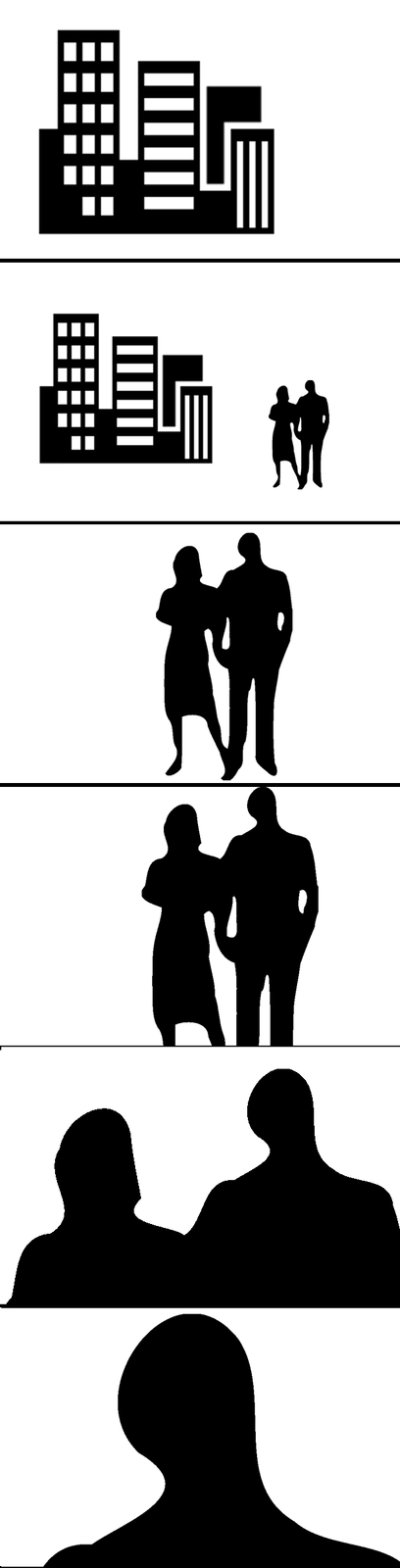 Czarno‑biała ilustracja przestawia siedem obrazków ułożonych jeden pod drugim, które ukazują w sposób uproszczony plany filmowe. 1. obrazek na samej górze przestawia cztery wieżowce widoczne w całości. 2. obrazek - te same wieżowce, ale obok nich stoi dwoje ludzi, kobieta i mężczyzna. 3. obrazek wypełniają postacie kobiety i mężczyzny na białym tle. 4. obrazek te same sylwetki ujęte są do kolan. 5. obrazek te same sylwetki ujęte są do pasa. 6. obrazek - pokazano tylko popiersia tych samych sylwetek. 7. obrazek - widać tylko głowę mężczyzny.