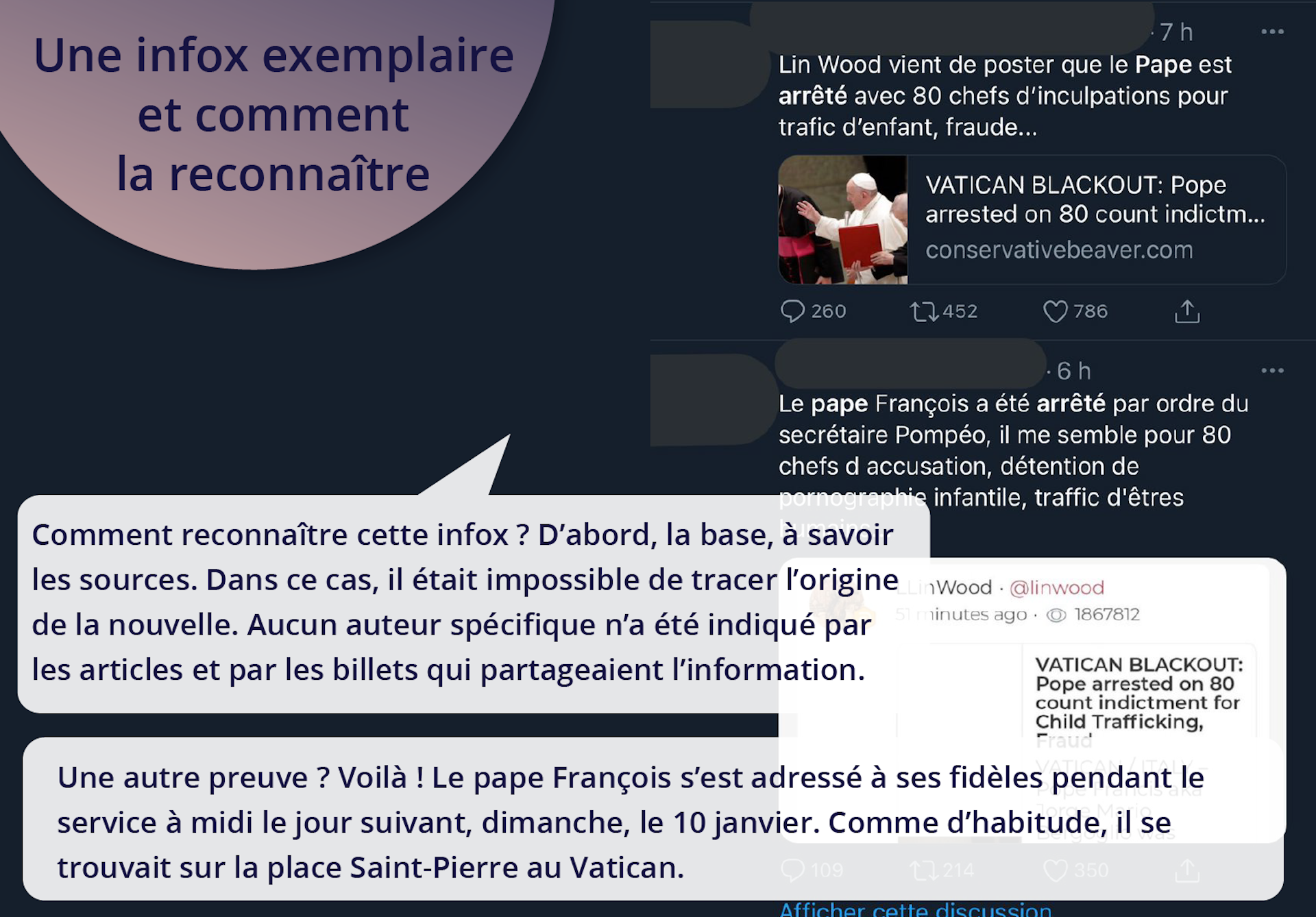 Ilustracja przedstawia fragment informacji o papieżu Franciszku. Tu między innymi  tekst: Ca nm Lin Wood vient de poster que le Pape est arrêté avec 80 chefs d'inculpations pour trafic d'enfant, fraude.... Tekst na ilustracji: Une infox exemplaire et comment la reconnaître. Comment reconnaître cette infox ? D'abord, la base, à savoir les sources. Dans ce cas, il était impossible de tracer l'origine de la nouvelle. Aucun auteur spécifique n'a été indiqué par les articles et par les billets qui partageaient l'information. Une autre preuve ? Voilà ! Le pape François s'est adressé à ses fidèles pendant le service à midi le jour suivant, dimanche, le 10 janvier. Comme d'habitude, il se trouvait sur la place Saint‑Pierre au Vatican.  
