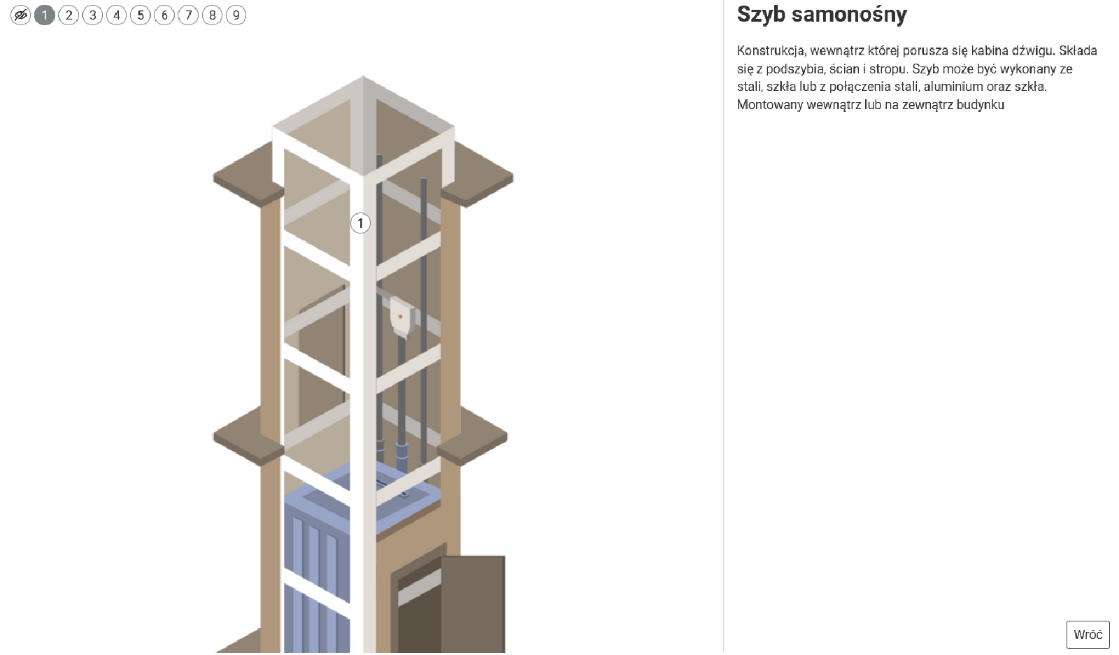 Na ilustracji znajduje się grafika ukazująca dźwig hydrauliczny. Na grafice znajduje się znacznik z cyfrą jeden. Po prawej stronie znajduje się panel boczny z informacjami, na temat elementu, na którym znajduje się znacznik z cyfrą.