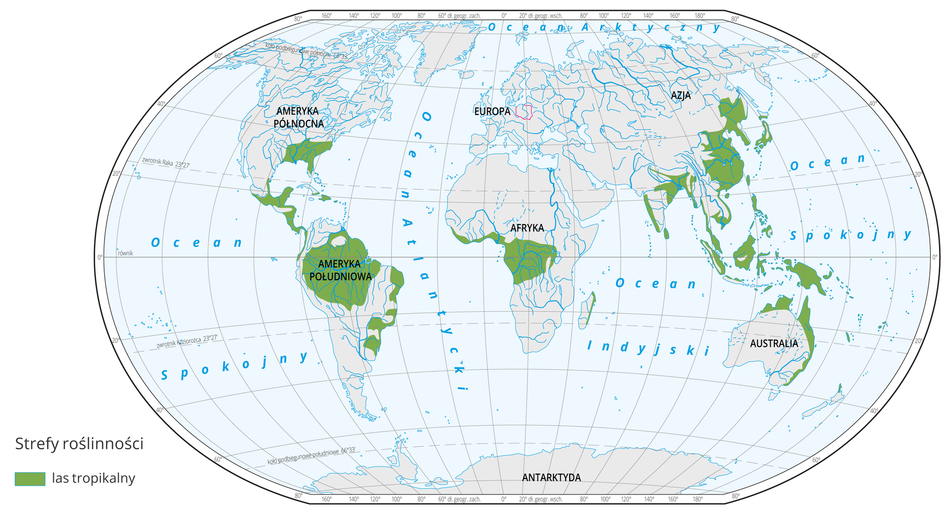 Mapa świata prezentuje występowanie lasów równikowych na Ziemi. Lasy równikowe oznaczono kolorem zielonym. Lasy równikowe występują na wysokości równika: Ameryka Południowa, środkowa Afryka, wyspy Archipelagu Malajskiego. Ponadto w Ameryce Środkowej, Azji południowo wschodniej oraz we wschodniej Australii.