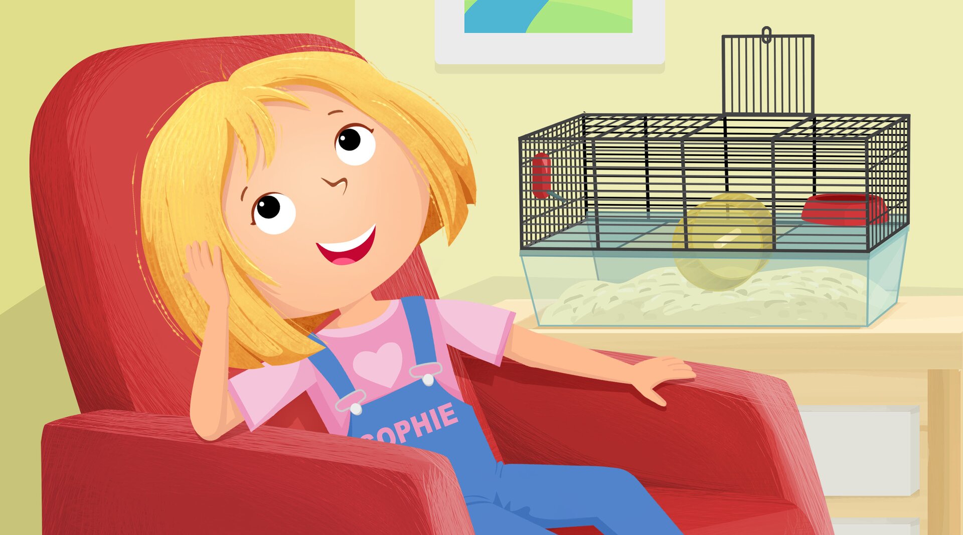 Ilustracja przedstawia Sophie siedzącą w czerwonym fotelu. Obok na stoliku stoi klatka chomika. 