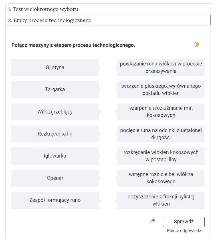 Grafika przedstawia widok na przykładowe ćwiczenie polegające na łączeniu w pary w otwartej zakładce. 