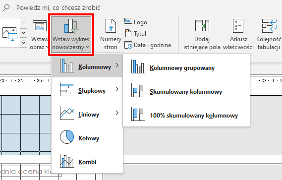 Zrzut ekranu przedstawia fragment paska menu oraz okno dokumentu w programie  Microsoft Access . W czerwonej ramce zaznaczono opcję z ikonką: Wstaw wykres nowoczesny, a poniżej znajduje się lista z rodzajami wykresów, spośród których wybrana jest opcja: Kolumnowy. Obok widoczna jest lista z pozycjami: Kolumnowy grupowany, Skumulowany kolumnowy, 100% skumulowany kolumnowy. 