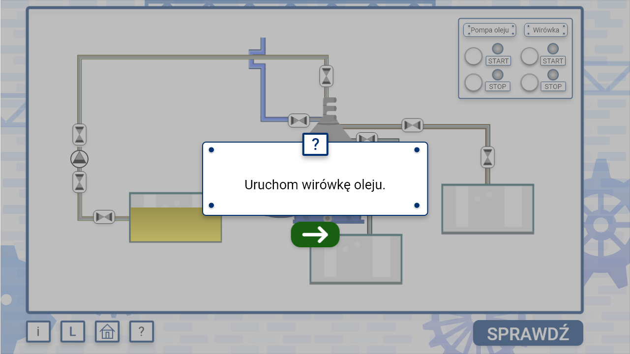 Grafika przedstawia widok na przykładowe polecenie wyświetlające się po uruchomieniu symulatora. Polecenie znajduje się w prostokątnym oknie. Poniżej widać strzałkę. W tle widać wygaszony symulator.