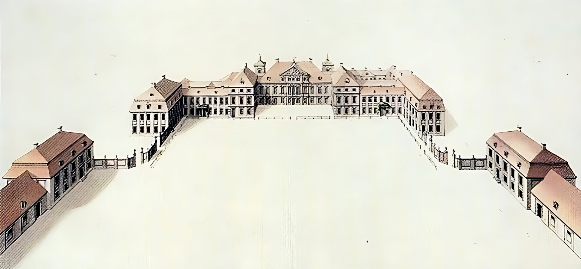 Zdjęcie przedstawia osiemnastowieczny układ budynków Pałacu Saskiego w Warszawie zlokalizowanych wokół wewnętrznego dziedzińca. Centralne miejsce zajmuje gmach zbudowany w stylu rokokowym. Jego środkowa część ma dwa piętra i jest przykryta mansardowym dachem. Na nim zamocowano przyczółek z tympanonem i reliefem pośrodku. Do korpusu głównego dobudowano po bokach dwie wieże nakryte stożkowymi dachami. Przesunięte do przodu alkierze, nakryte dwuspadowymi dachami, rozbudowano w ciąg dwupiętrowych oficyn bocznych, zlokalizowanych po obu stronach dziedzińca. Na pierwszym planie, po obu stronach dziedzińca znajdują się budynki, które połączone są parkanem z oficynami pałacu. 