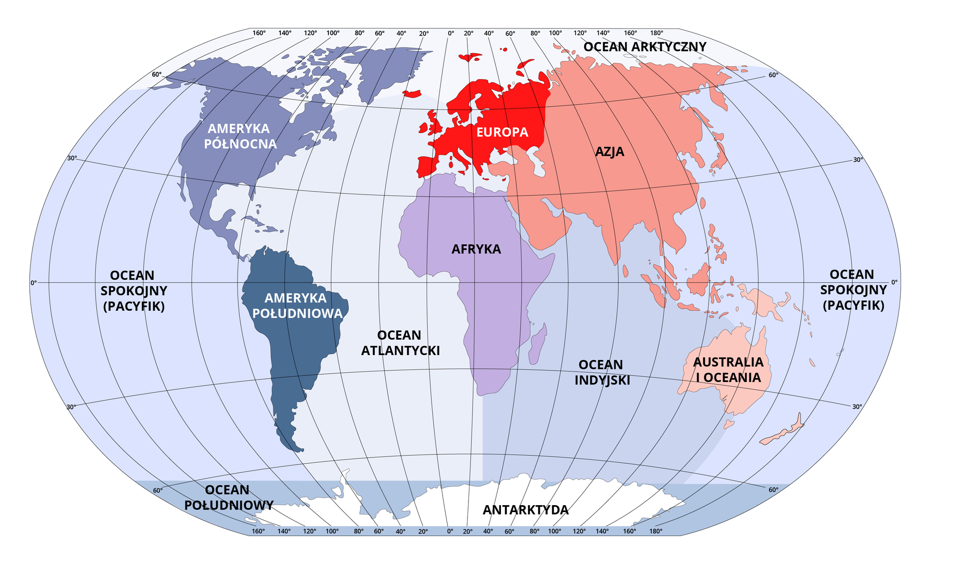 Mapa przedstawia kontynenty i oceany na Ziemi. Każdy kontynent i ocean został oznaczony innym kolorem. Na mapie jest siatka kartograficzna opisana co 20 stopni. 