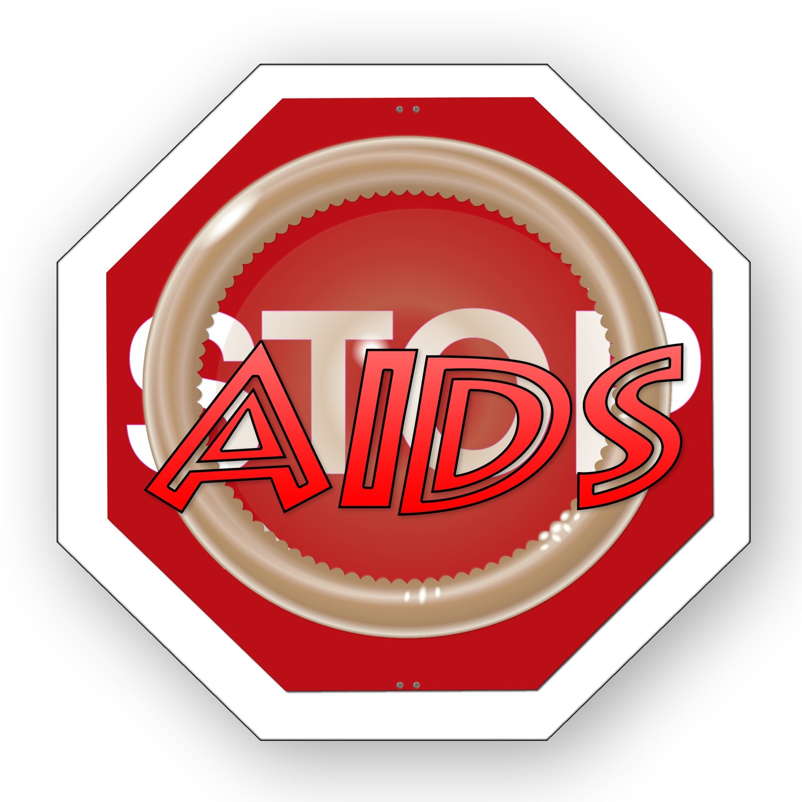 Ilustracja przedstawia znak. To ośmiokąt z białą obwódką. Środek jest czerwony, na nim znajduje się biały napis STOP. Na pierwszym planie znaku jest napis AIDS, a pod nim jest krążek - to prezerwatywa.     