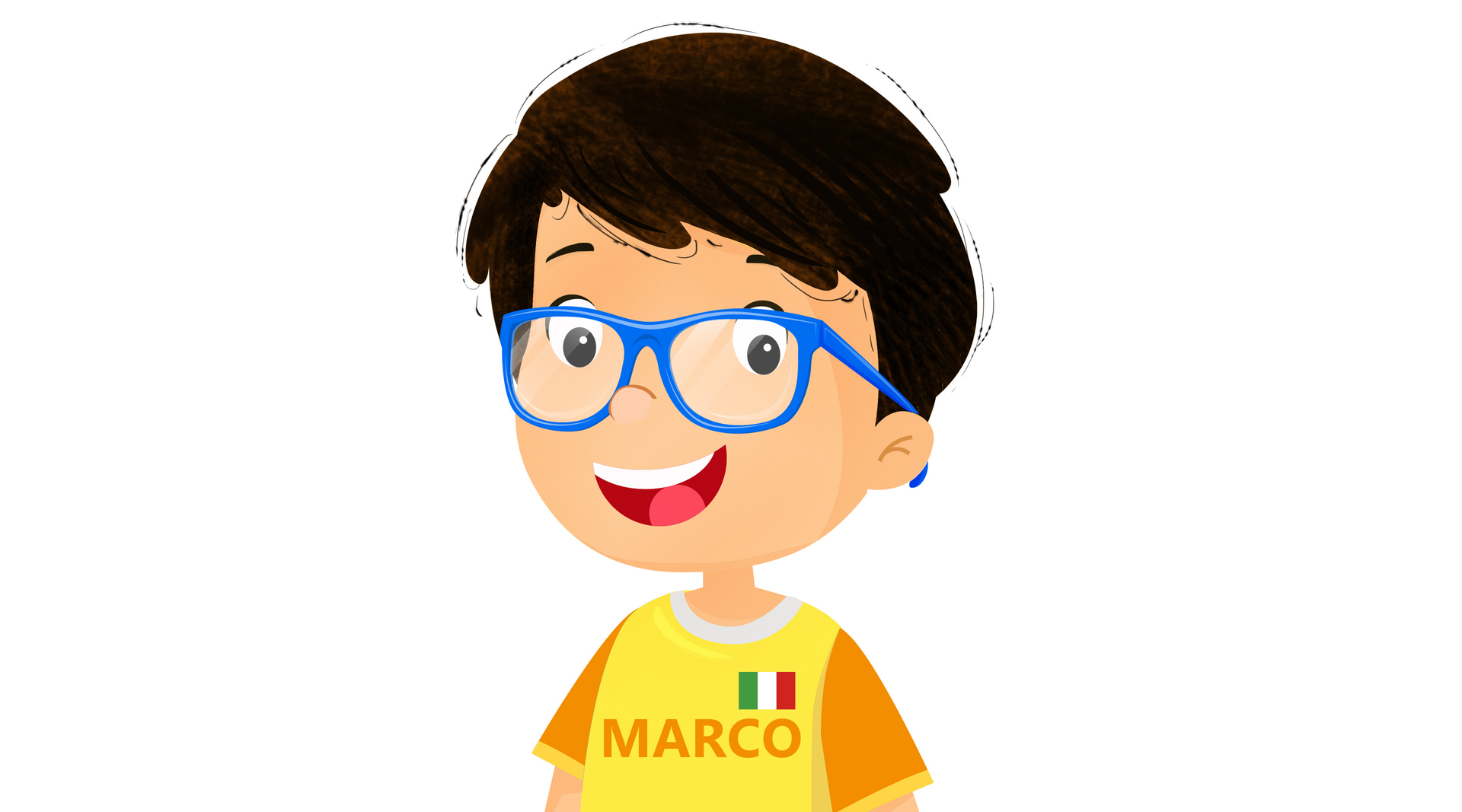 Na ilustracji znajduje się Marco z flagą włoską na koszulce.