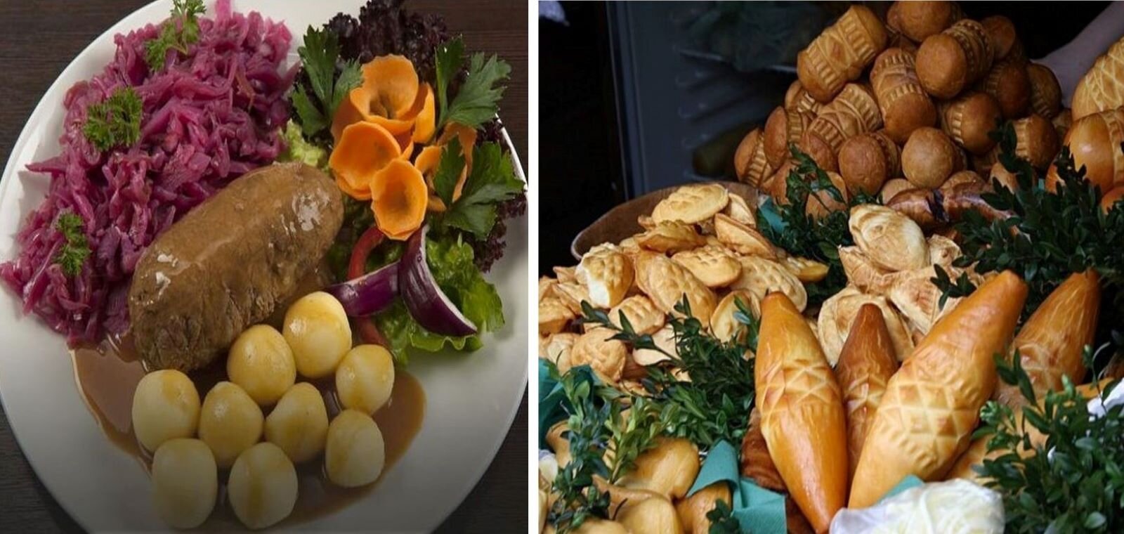 Obok siebie umieszczone są dwie fotografie potraw regionalnych. Po lewej stronie na talerzu kluski śląskie z modrą kapustą i klopsem, po prawej stronie zdjęcie sławnych góralskich oscypków ułożonych na straganie z żywymi gałązkami.