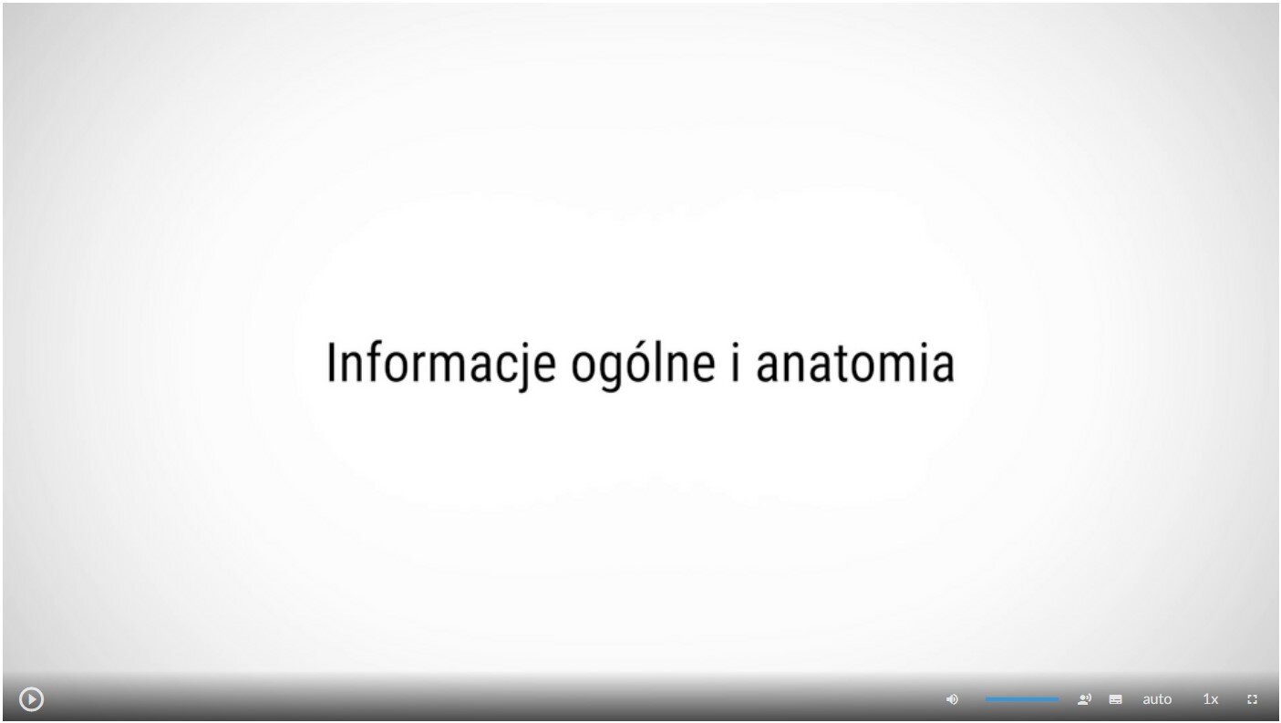 Grafika przedstawiająca wygląd ekranu odtwarzania filmu. Znajduje się na nim plansza tytułowa. Jest to napis umieszczony na jasnym tle: Informacje ogólne i anatomia. W lewym dolnym rogu ekranu filmu umieszczony jest przycisk służący do odtwarzania i zatrzymywania filmu. W prawym dolnym rogu ekranu umieszczono szereg różnych przycisków. Odpowiedzialne są one między innymi za uruchamianie napisów, zmianę głośności i zmianę szybkości odtwarzania.