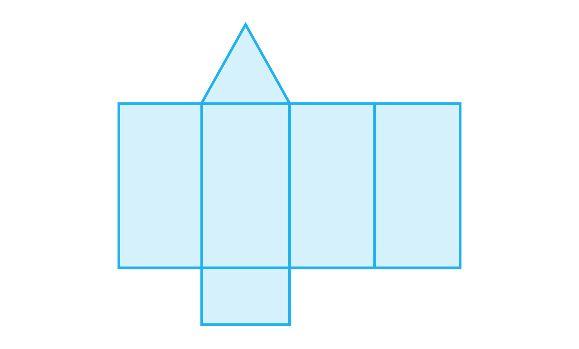 Na ilustracji przedstawiono siatkę, składającą się z czterech, przyległych do siebie prostokątów. Do górnej podstawy, drugiego z kolei prostokąta przylega trójkąt równoboczny, oraz do jego dolnej podstawy przylega mniejszy prostokąt.