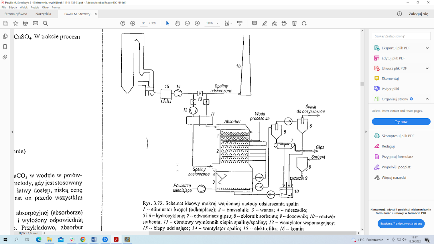 Rys. 2.1. Szczegółowy schemat procesu: 1. eliminator kropel (odkraplacz); 2. zraszalnik; 3. wanna; 4. mieszadło; 5. i 6. hydrocyklony; 7. odwadniacz gipsu; 8. zbiornik sorbentu; 9. dozownik; 10. roztwór sorbentu; 11. obrotowy wymiennik cipła spaliny/spaliny; 12. wentyalor wspomagający; 13. klapy odcinające; 14. wentylator spalin; 15. elektrofilr; 16. komin