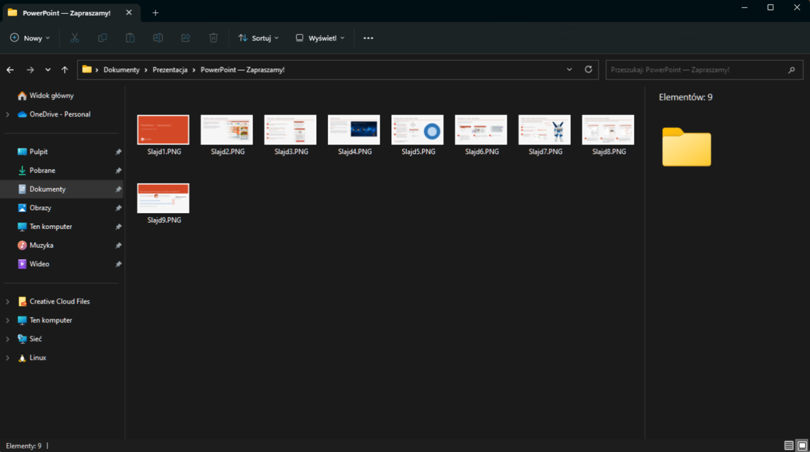 Zrzut ekranu przedstawia zapisane w folderze slajdy prezentacji w formacie pe en gie. Widocznych jest dziewięć slajdów. Po prawej stronie widoczny folder a nad nim informacja Elementów dziewięć.   