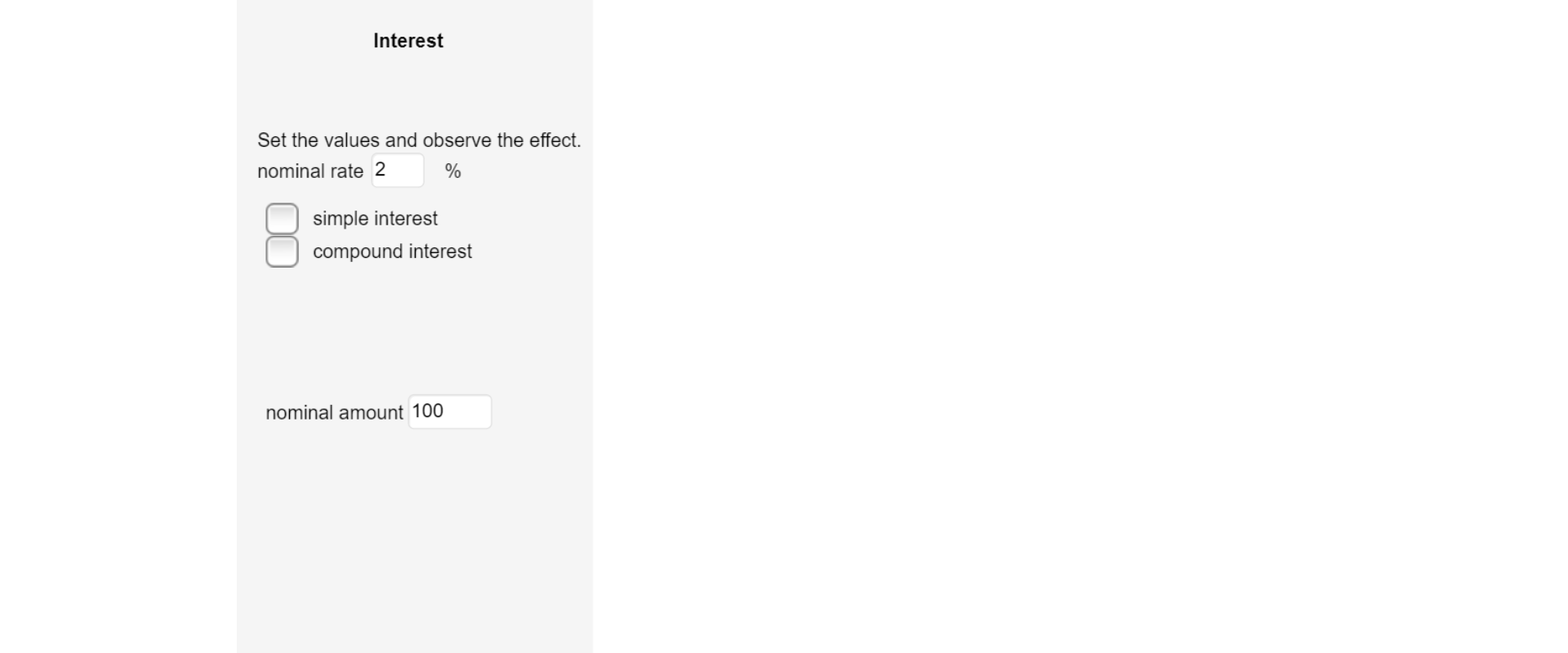 Po lewej stronie rysunku znajdują się napisy: Odsetki, Ustal wartości i obserwuj zmiany przy stopie procentowej równej dwa procent, Okienko decyzyjne i obok napis – procent prosty, Okienko decyzyjne i obok napis – procent składany, Kwota nominalna - okienko decyzyjne – w okienku liczba sto. Prawa strona rysunku jest pusta.