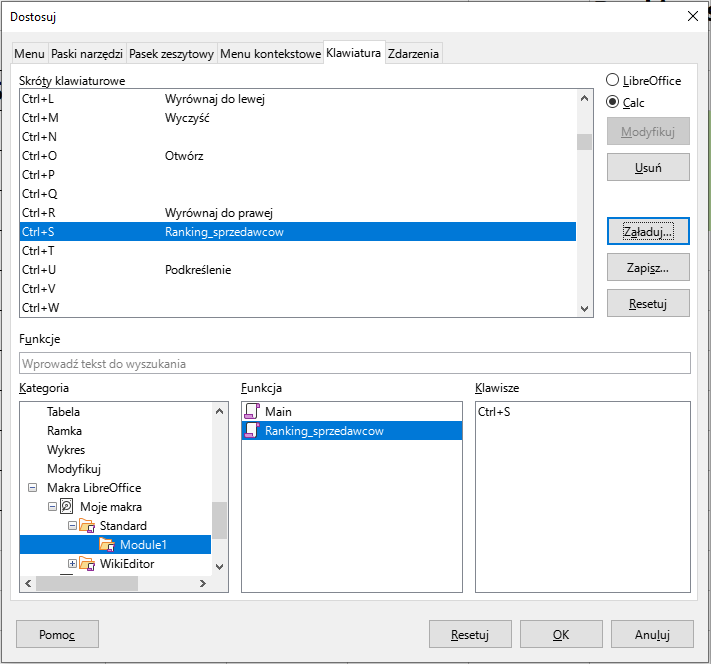 Ilustracja przedstawia okno o nazwie Dostosuj. Tam w obszarze skrótów klawiaturowych zaznaczono Ctrl+S ranking_sprzedawców. W sekcji Kategoria zaznaczono Module1. W sekcji Funkcja zaznaczono Ranking_sprzedawców. W sekcji Klawisze znajduje się Ctrl+S. Zastosowano przycisk Załaduj.  