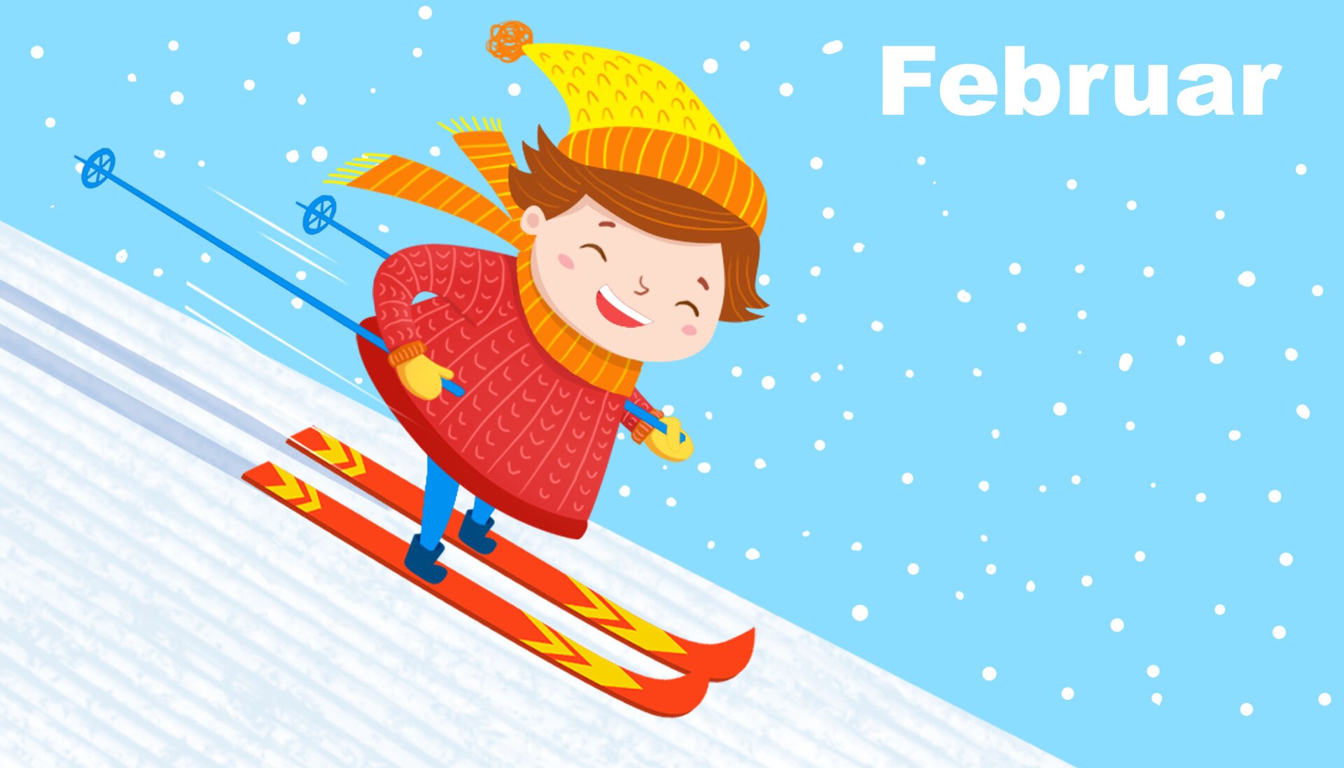 Na ilustracji znajduje się dziewczynka, która zjeżdża z góry na nartach.